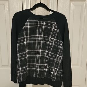 Torrid Black and White Crew Neck Sweater with Plaid Design